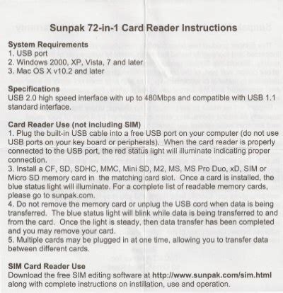 sunpak sim card reader manual